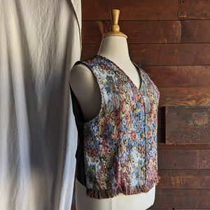 90s Vintage Floral Tapestry Vest with Fringe
