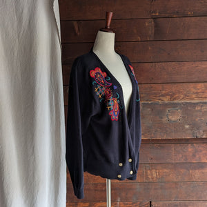 90s Vintage Black Embroidered Cotton Cardigan