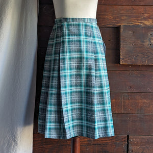 70s Vintage Teal Plaid Midi Skirt