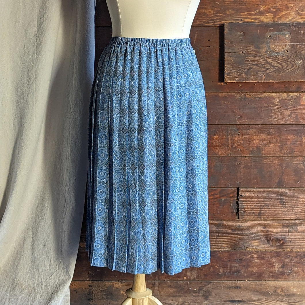 90s Vintage Pleated Blue Paisley Midi Skirt
