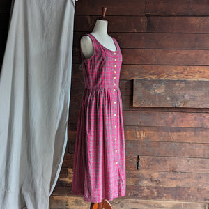 Red Plaid Cotton Maxi Dress with Pockets