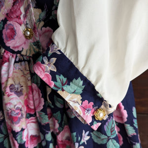 90s Vintage Navy Floral Cotton Blend Mini Dress