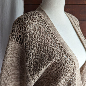 90s Vintage Tan Cotton Knit and Crochet Cardigan