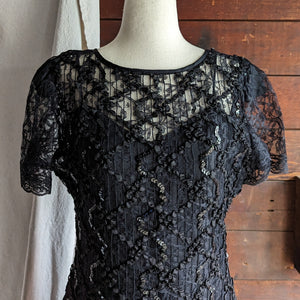 90s Vintage Black Sequin and Lace Maxi Dress