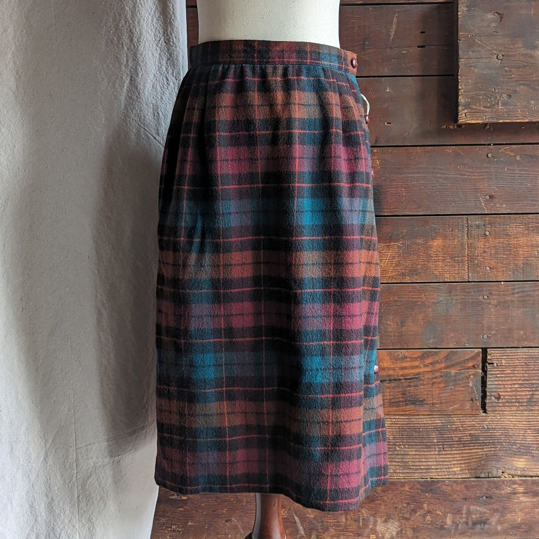 80s Vintage Fall Plaid Wool Midi Skirt