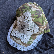 Load image into Gallery viewer, Upcycled Lace and Fly Patch Camo Baseball Hat
