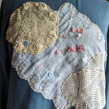 Load image into Gallery viewer, Patchwork Plus Size Blue &quot;In Debt&quot; Doily Sweatshirt
