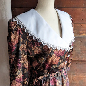 90s Vintage Dark Floral Polyester Midi Dress