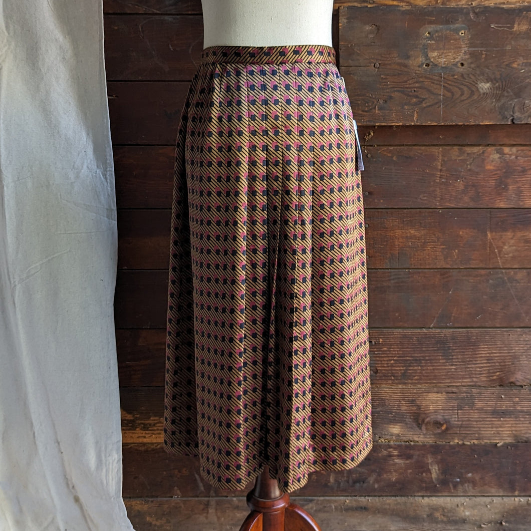 90s Vintage Pleated Abstract Satin Midi Skirt