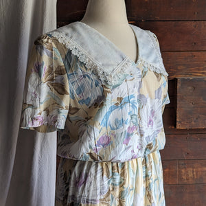 90s Vintage Pale Floral Rayon Blend Midi Dress