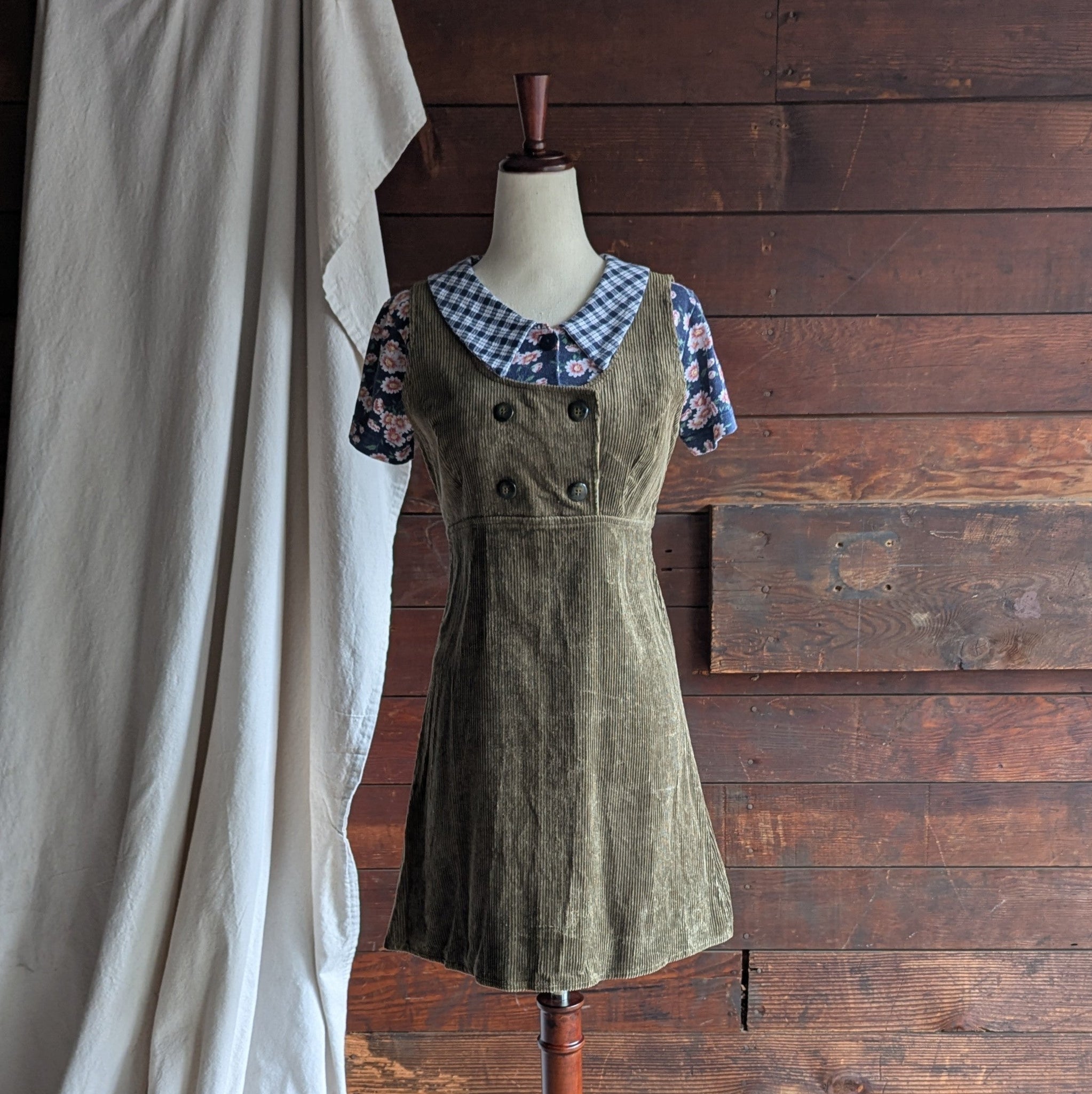 90s Vintage Olive Corduroy Sleeveless Mini Dress