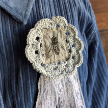 Load image into Gallery viewer, Upcycled Denim and Lace &#39;Blue Ribbon&#39; Fly Pin
