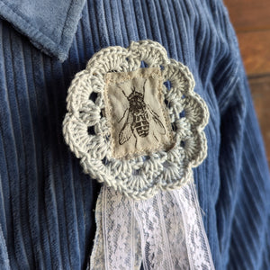 Upcycled Denim and Lace 'Blue Ribbon' Fly Pin