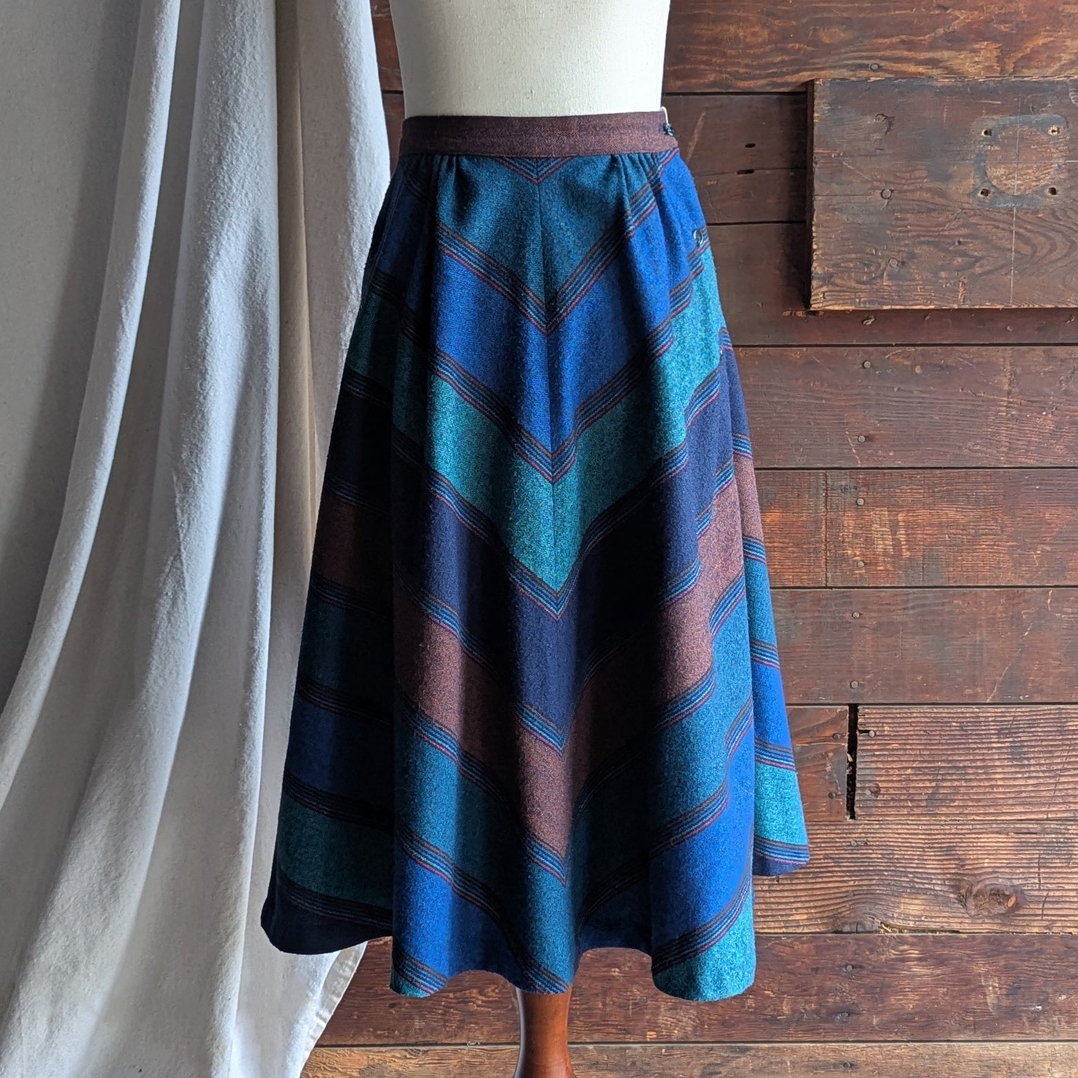70s/80s Vintage Teal and Blue Tweed A-Line Skirt