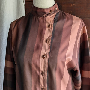 80s Vintage Striped Brown Polyester Blouse