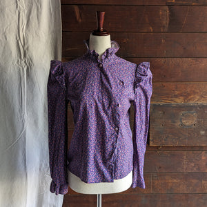 70s Vintage Purple Floral Cotton Blouse