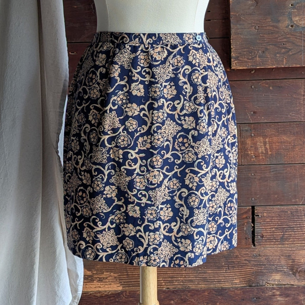 90s Vintage Ornate Navy Wrap Skirt