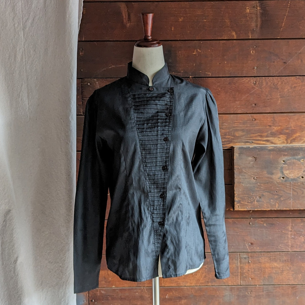 80s Vintage Black Pleated Polyester Blouse