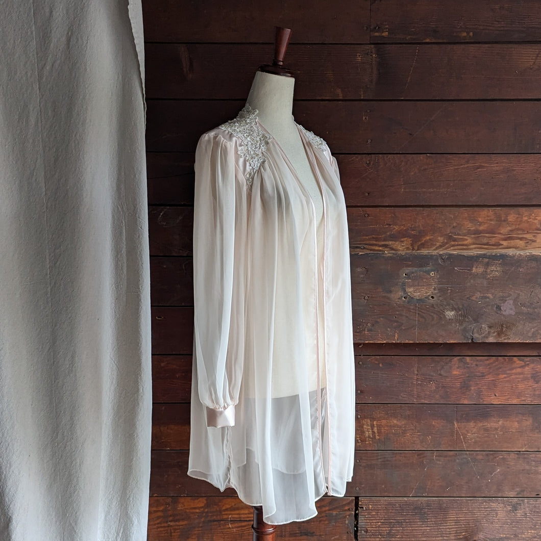 90s Vintage Pale Pink Beaded Sheer Polyester Bed Jacket