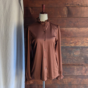 70s Vintage Ruffled Brown Blouse