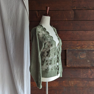90s Vintage Olive Green Cotton Knit Cardigan