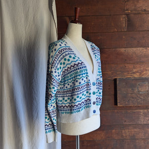 90s Vintage Cropped White and Blue Cardigan