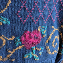Load image into Gallery viewer, 90s Vintage Rose Embroidered Blue Sweater
