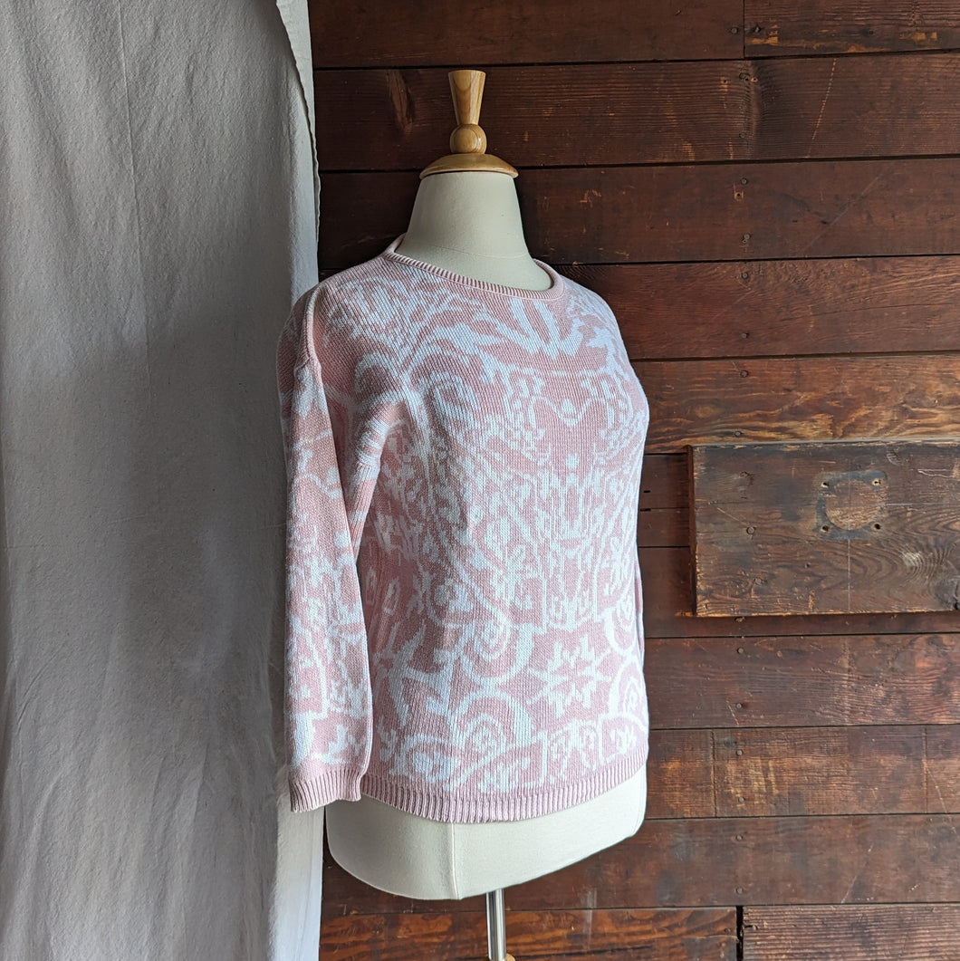 80s Vintage Pink and White Cotton Knit Sweater