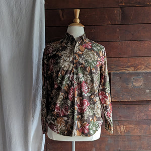 90s Vintage Mens Floral Cotton Button Up