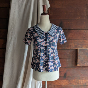 90s Vintage Floral and Plaid Knit Top
