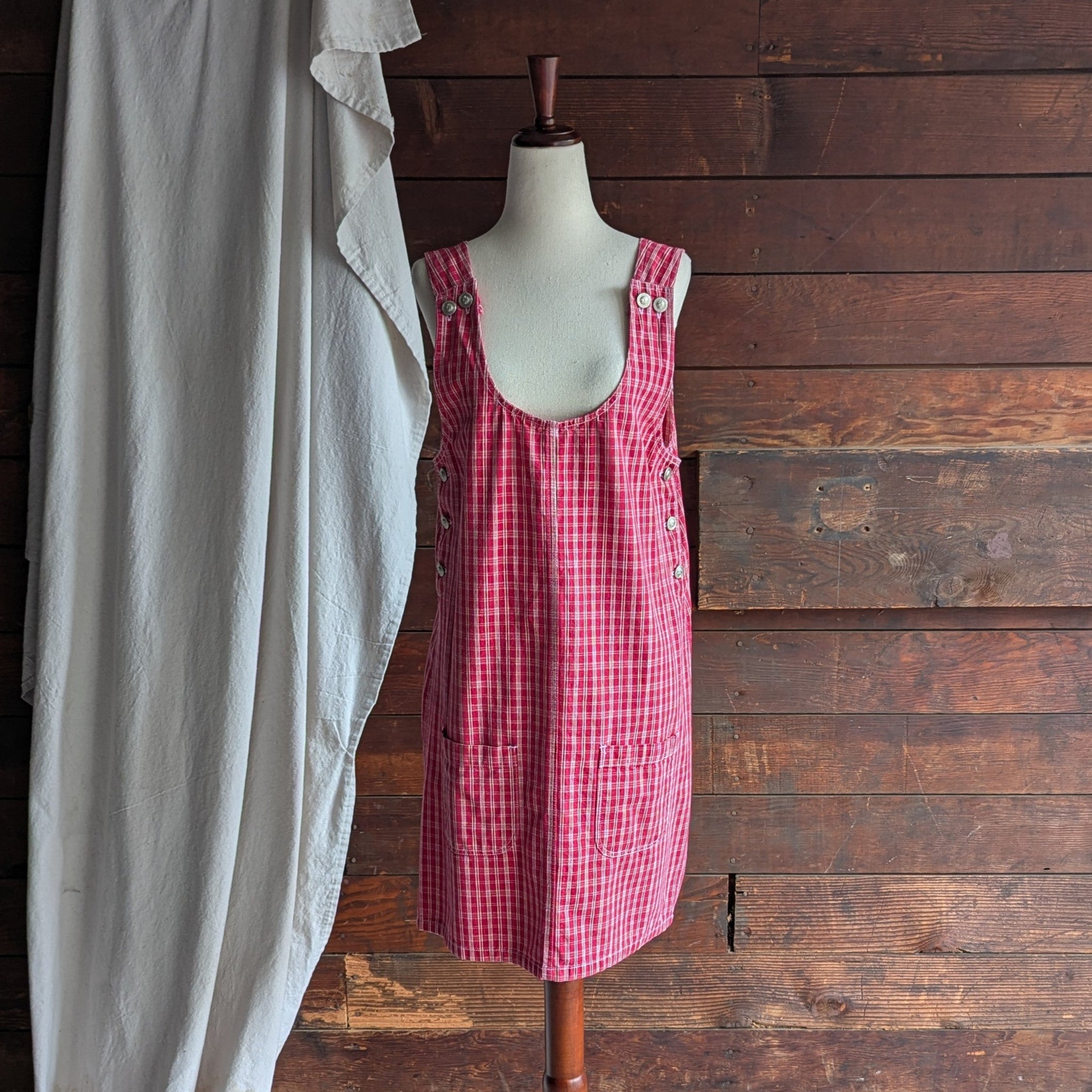 red overall dress 90s Vintage Red Plaid Gingham Overall Pinafore Dress – Forager Vintage