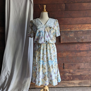 90s Vintage Pale Floral Rayon Blend Midi Dress