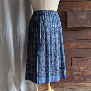 90s Vintage Blue Paisley Poly Midi Skirt