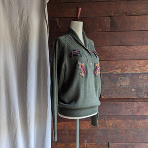 80s/90s Vintage Embroidered Olive Green Sweater