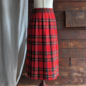 80s Vintage Red Plaid Wool Midi Skirt