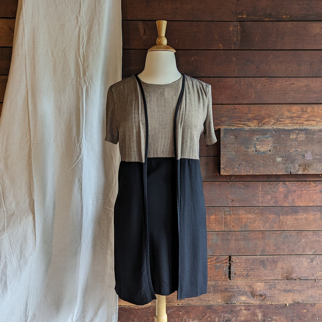 90s Vintage Rayon Blend Brown and Black Midi Dress