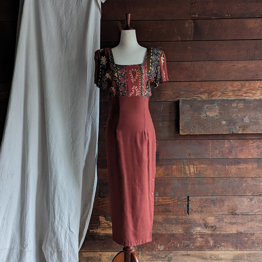 90s Vintage Rust Color Rayon Maxi Dress