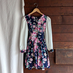 90s Vintage Navy Floral Cotton Blend Mini Dress
