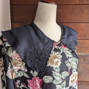 80s/90s Vintage Black Floral Dress with Large Collar