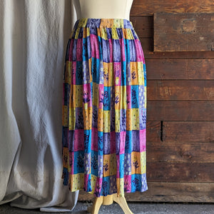 90s Vintage Multicolored Rayon Broomstick Skirt