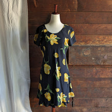 Load image into Gallery viewer, 80s/90s Vintage Black and Yellow Floral Rayon Mini Dress
