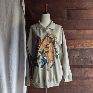 90s Vintage Collared Bird Print Sweatshirt