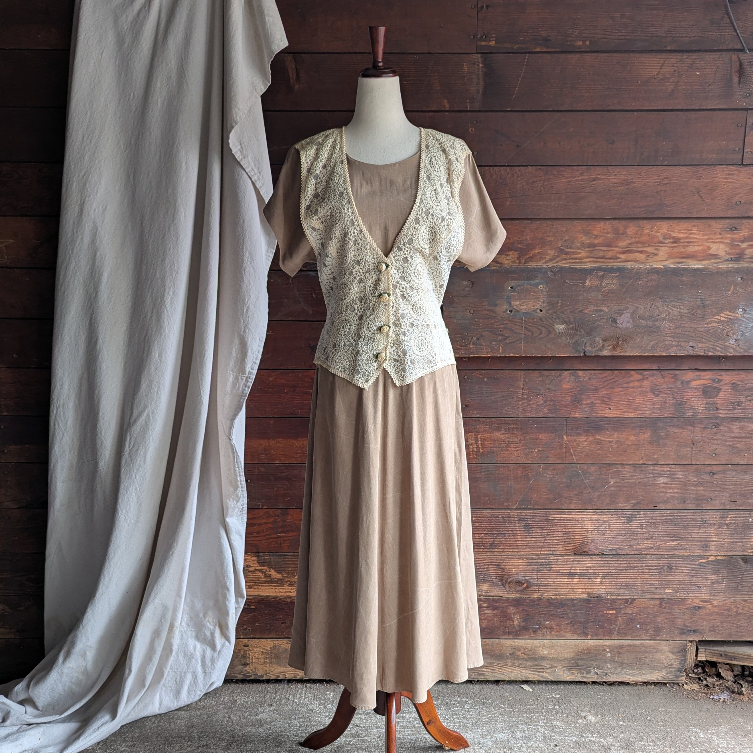 90s Vintage Tan Layered Dress With Attached Lace Vest Forager Vintage 90s Vintage Tan Layered Dress With Attached Lace Vest Forager Vintage