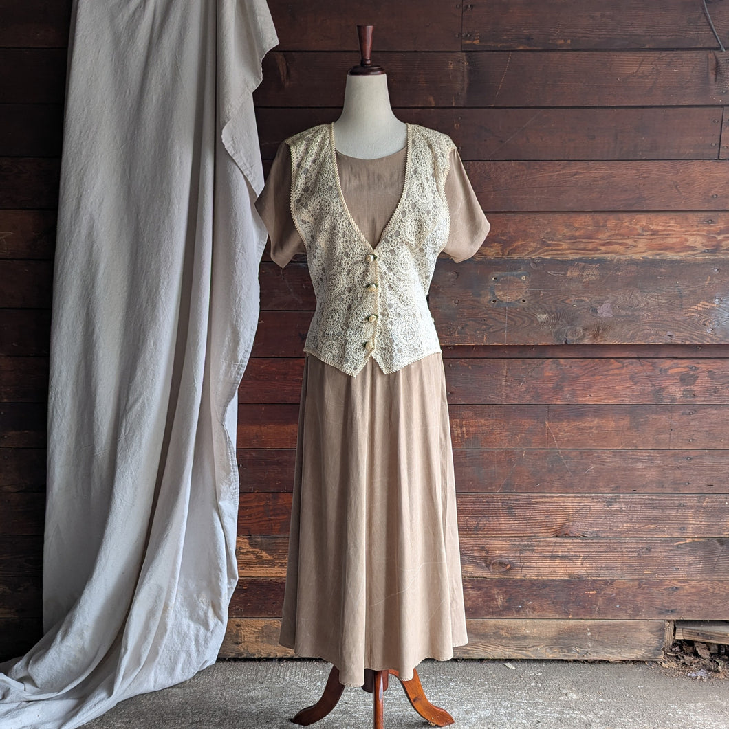 90s Vintage Tan Layered Dress With Attached Lace Vest Forager Vintage 90s Vintage Tan Layered Dress With Attached Lace Vest Forager Vintage