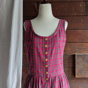Red Plaid Cotton Maxi Dress with Pockets