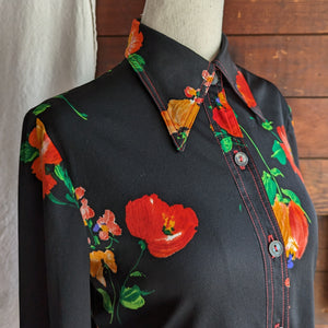 70s Vintage Black Floral Polyester Shirt