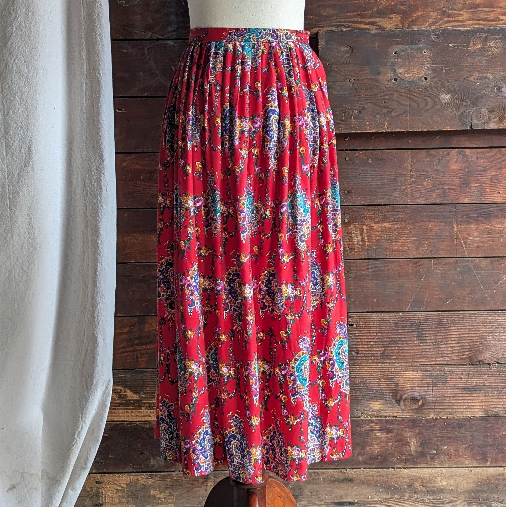 90s Vintage Ornate Red Rayon Maxi Skirt