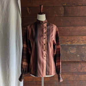 80s Vintage Striped Brown Polyester Blouse