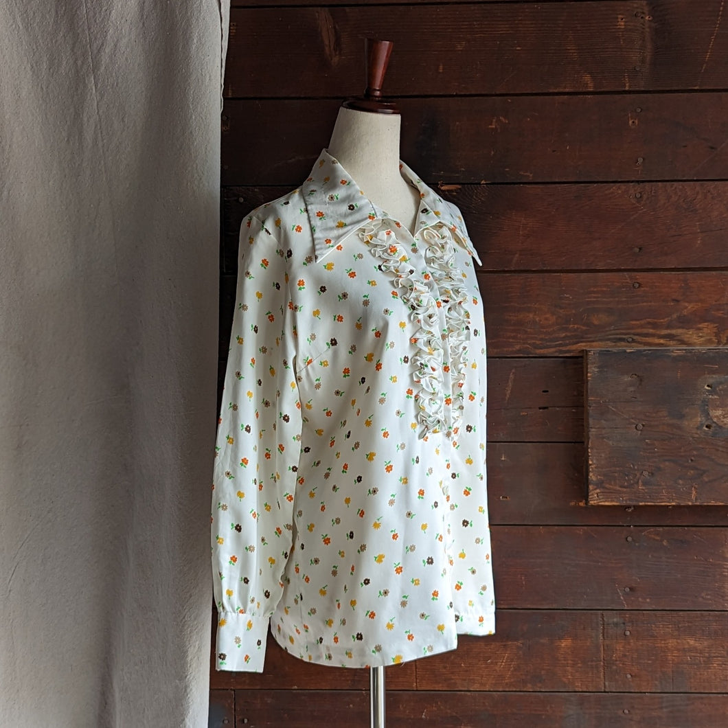 70s Vintage White Floral Poly Blouse