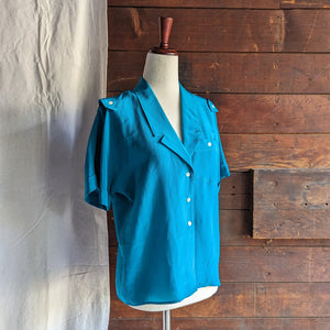 80s Vintage Blue Silk Button Up Shirt